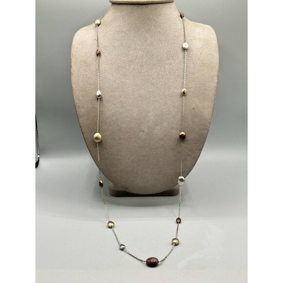 Tri-Color Station Necklace with Silver Gold & Copper Toned Beads Dainty Thin Cha - Picture 5 of 6